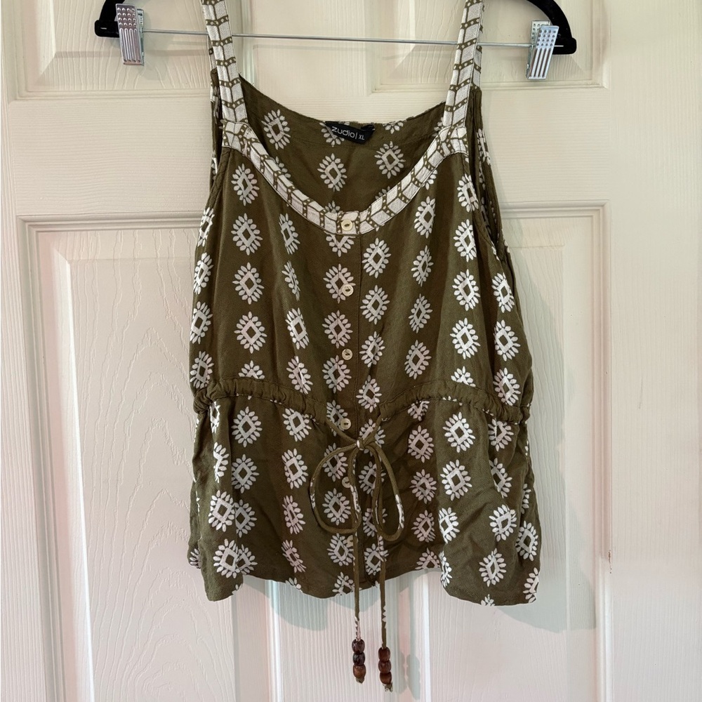 Boho Green Printed Drawstring Tank Top XL
